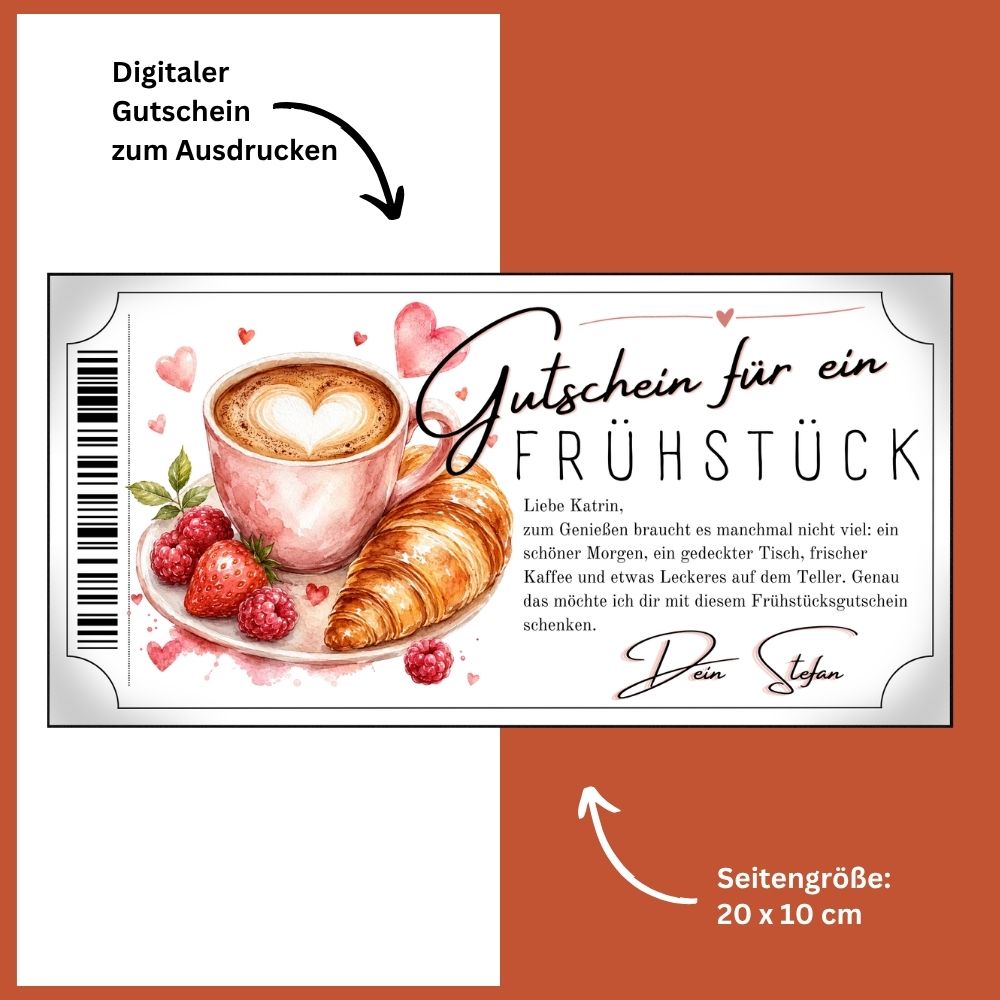 Frühstücksgutschein mit zarten Herzen in Rosé- und Rottönen