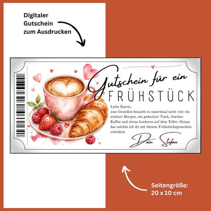 Frühstücksgutschein mit zarten Herzen in Rosé- und Rottönen