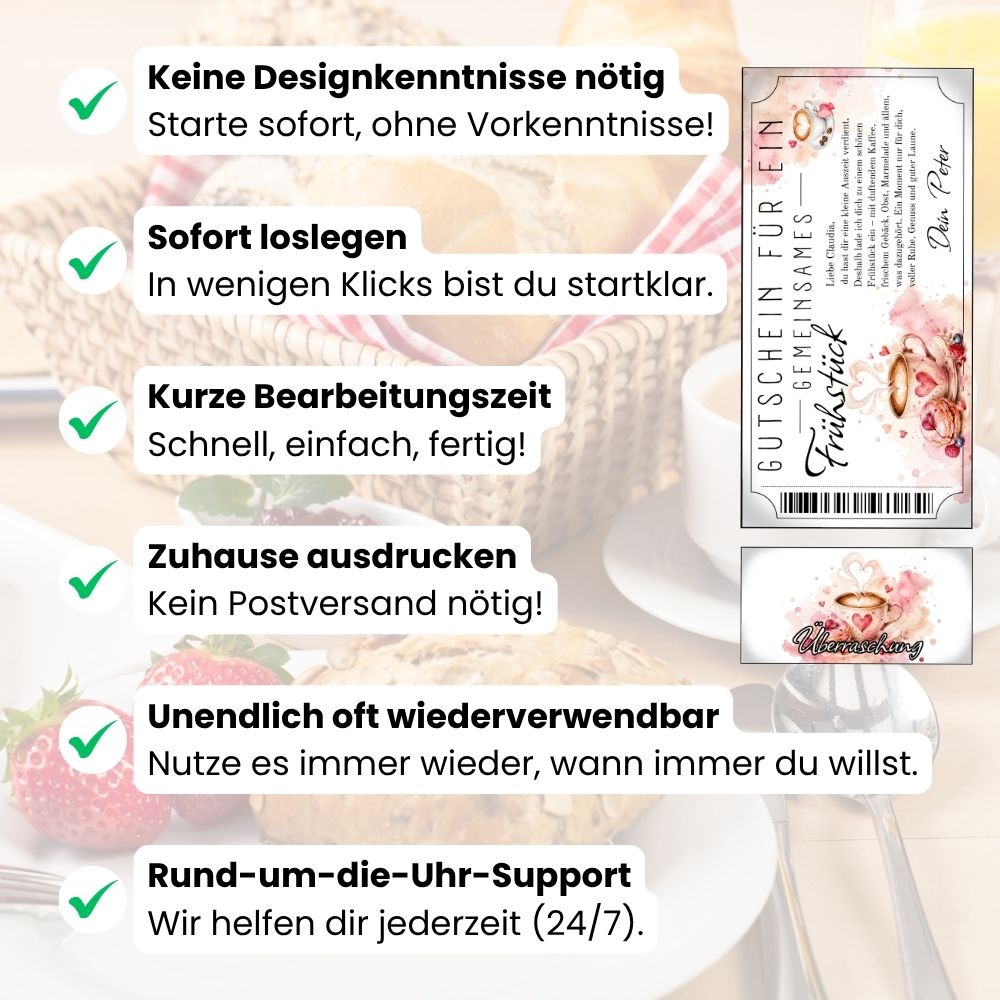 Frühstücksgutschein mit herzförmiger Latte-Art im Kaffee