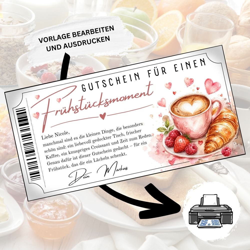 Frühstücksmoment Gutschein mit verstreuten Herzen in Rot
