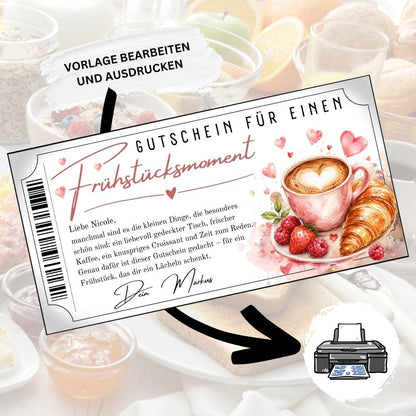 Frühstücksmoment Gutschein mit verstreuten Herzen in Rot
