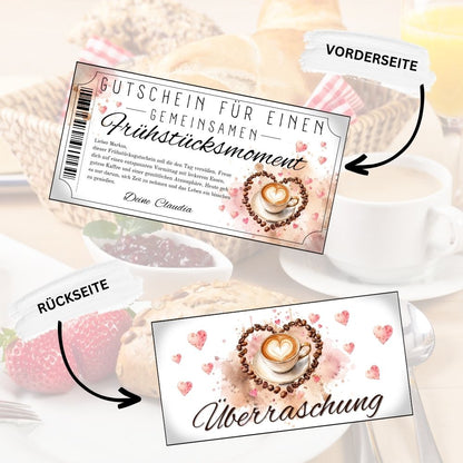 Frühstücksmoment Gutschein mit Herzkranz aus Kaffeebohnen