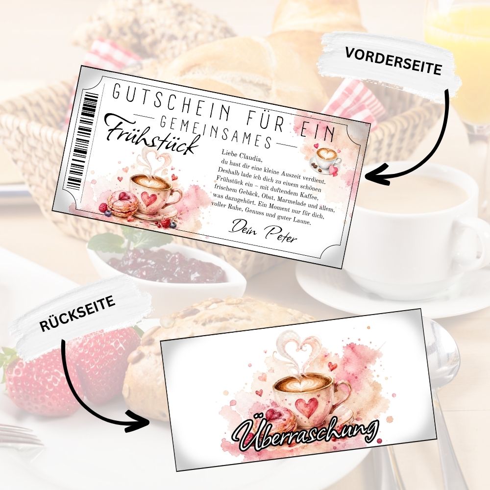 Frühstücksgutschein mit Macaron und Herzverzierung