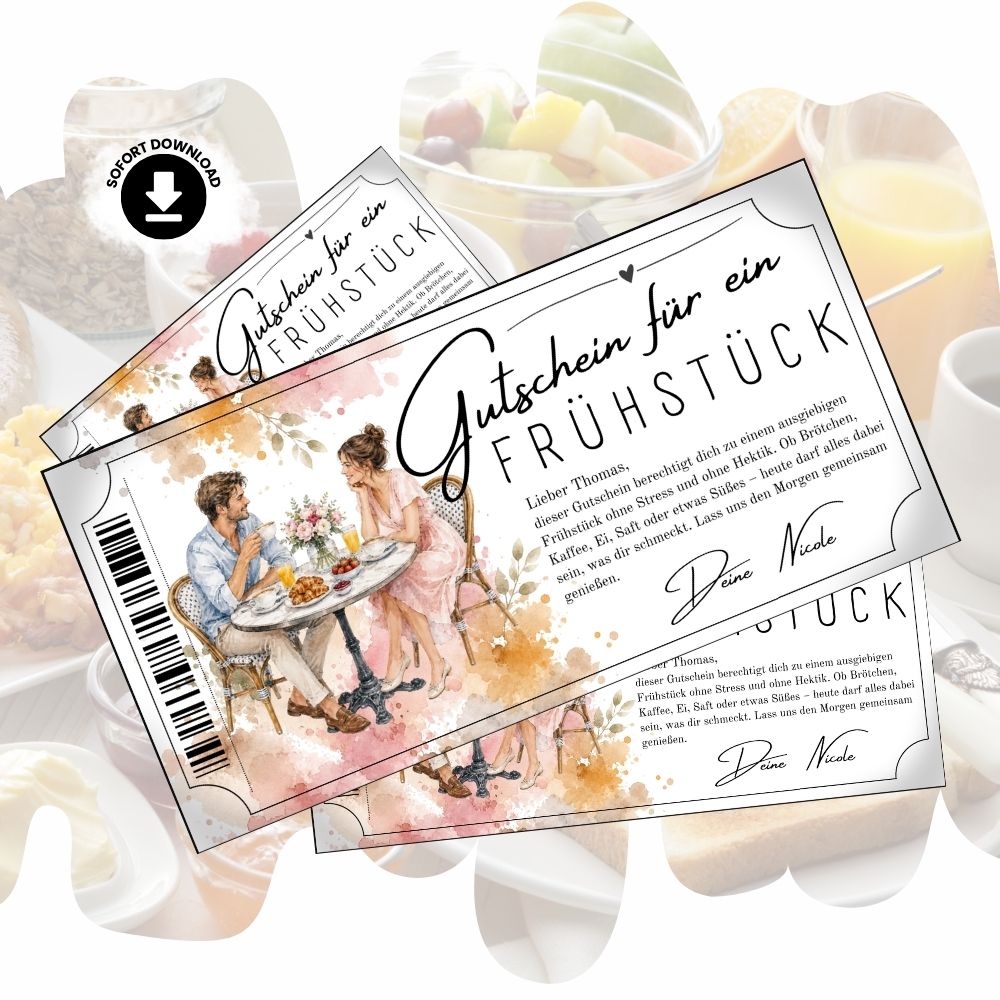 Frühstücksgutschein mit Paar-Illustration am Frühstückstisch