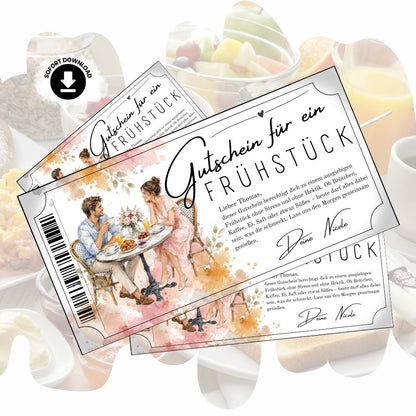 Frühstücksgutschein mit Paar-Illustration am Frühstückstisch