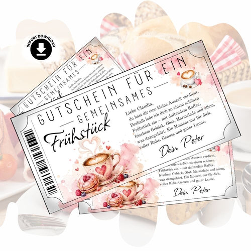 Romantischer Frühstücksgutschein mit Herz-Latte-Art