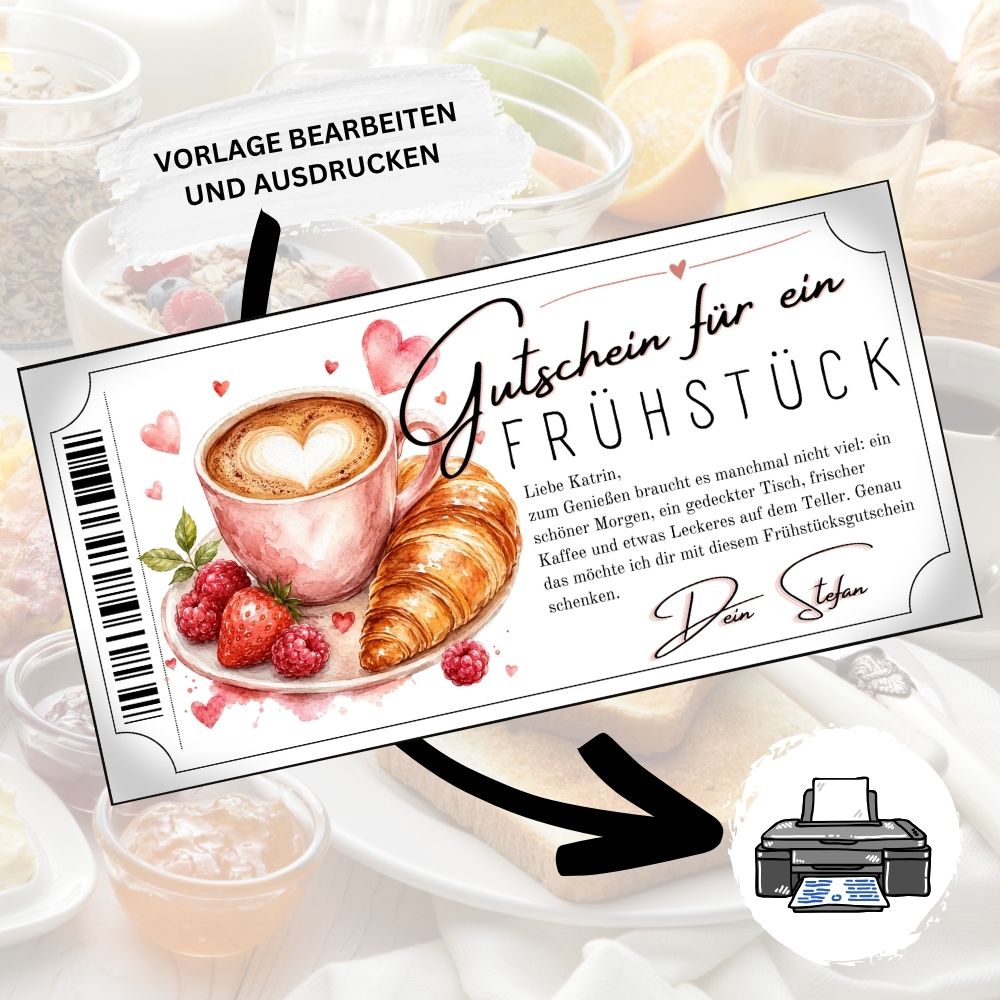 Frühstücksgutschein mit Herzform im Kaffeeschaum
