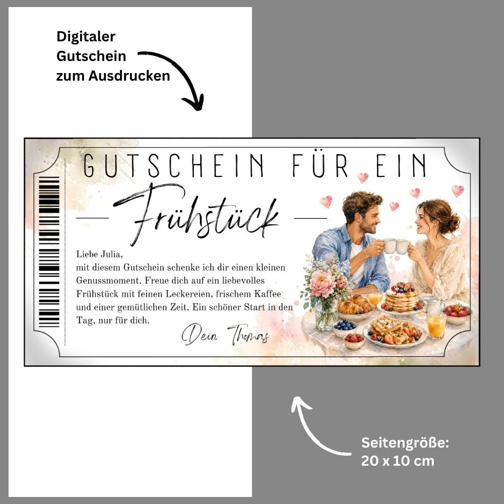 Frühstücksgutschein mit schwebenden Herzen über dem Tisch