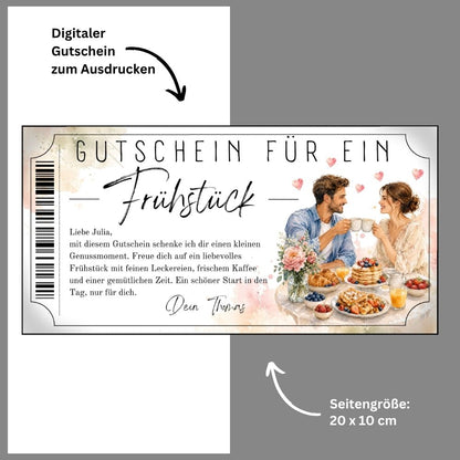Frühstücksgutschein mit schwebenden Herzen über dem Tisch