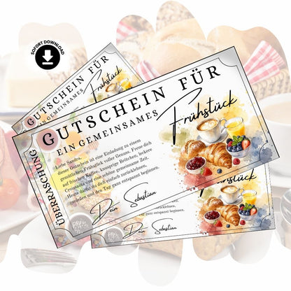 Digitaler Frühstücksgutschein mit Ticket-Design und Aquarell-Motiv
