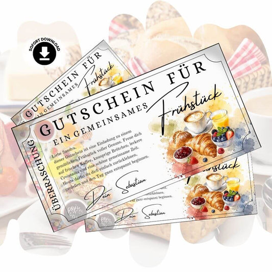 Digitaler Frühstücksgutschein mit Ticket-Design und Aquarell-Motiv