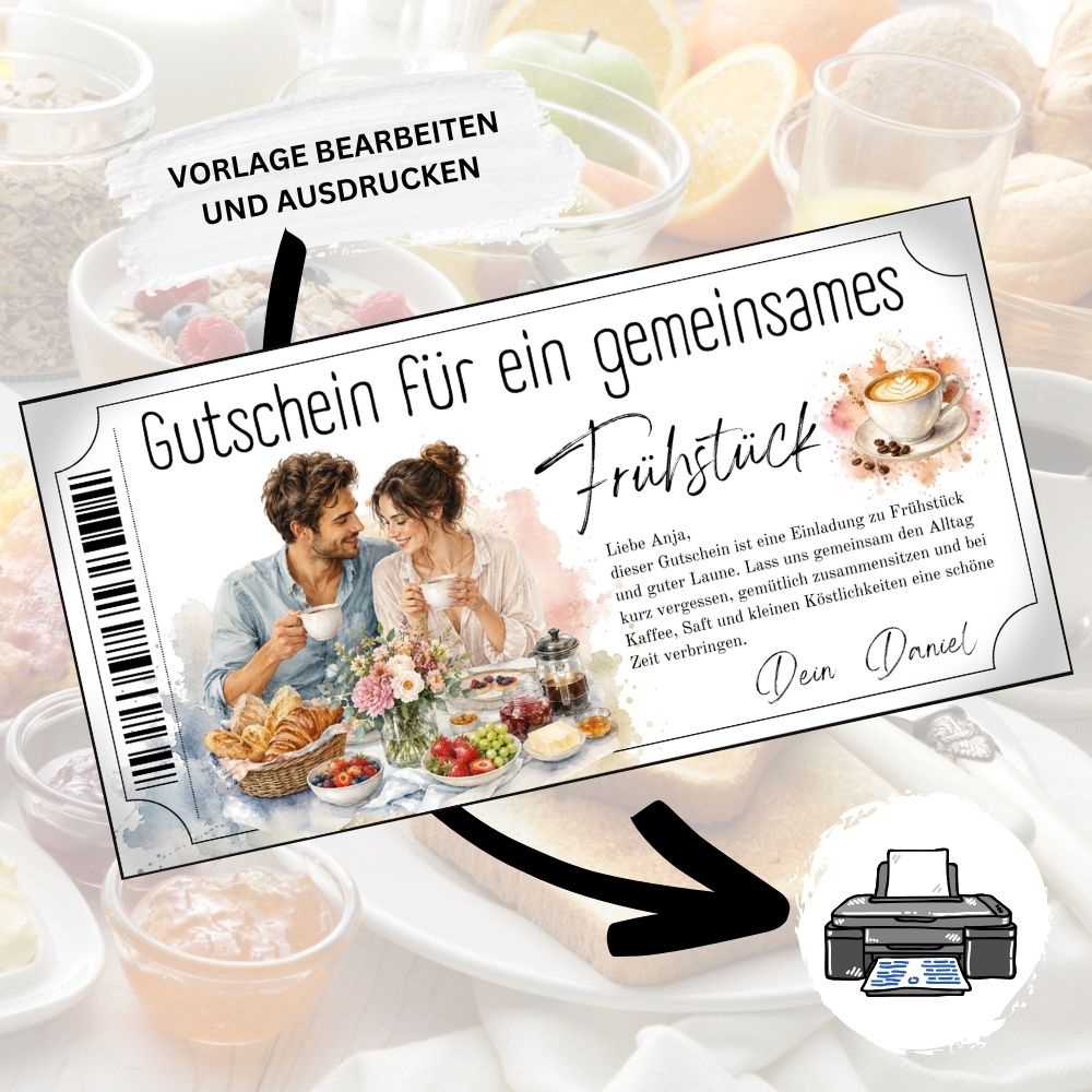 Frühstücksgutschein mit Paar im verliebten Blickkontakt
