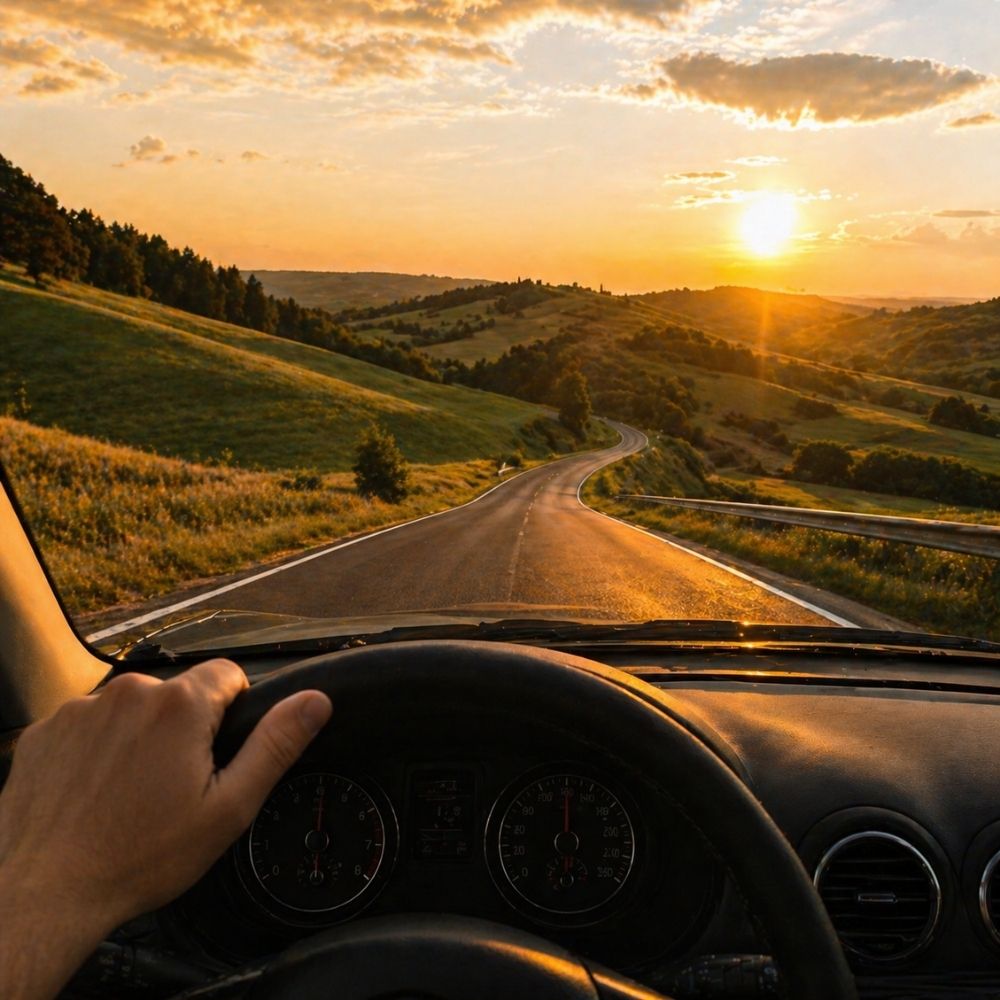 Offene Landstraße bei Sonnenuntergang aus Fahrerperspektive als Symbol für Freiheit und den Gutschein Fahrschule verschenken