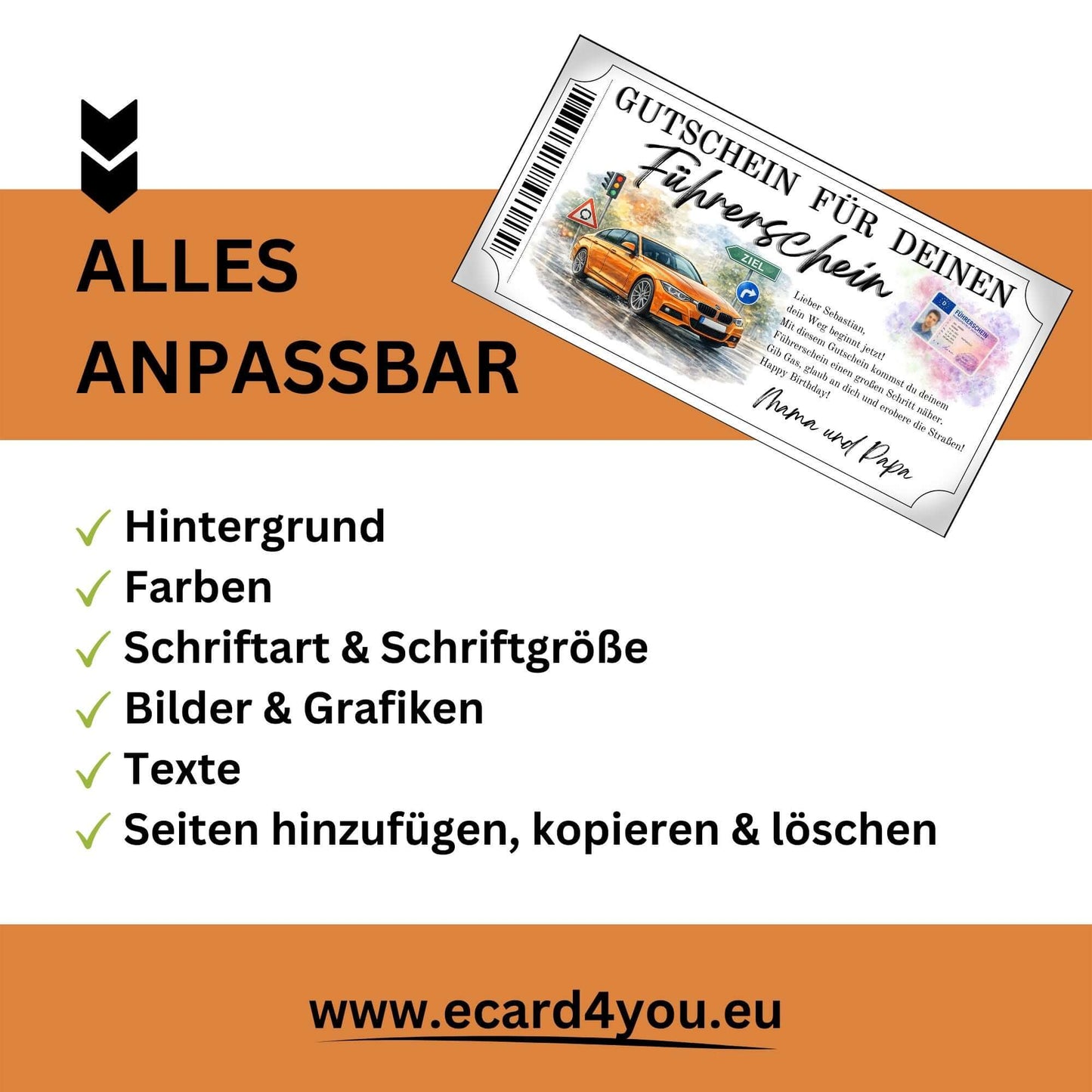 Führerschein Gutschein Sportwagen stilvoll gestaltet für Autofans und PS-Begeisterte