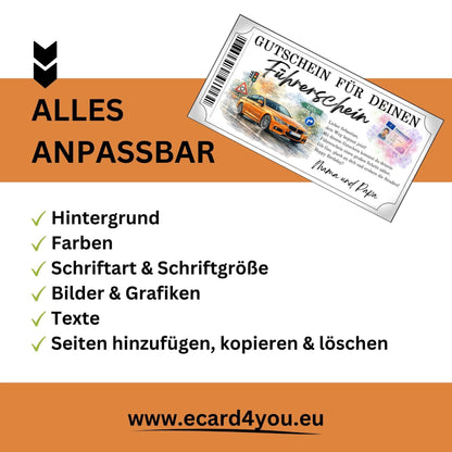 Führerschein Gutschein Sportwagen stilvoll gestaltet für Autofans und PS-Begeisterte