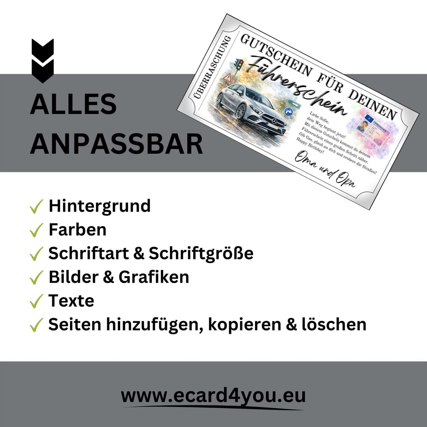 Führerschein Gutschein elegant stilvoll gestaltet für Familie und Freunde