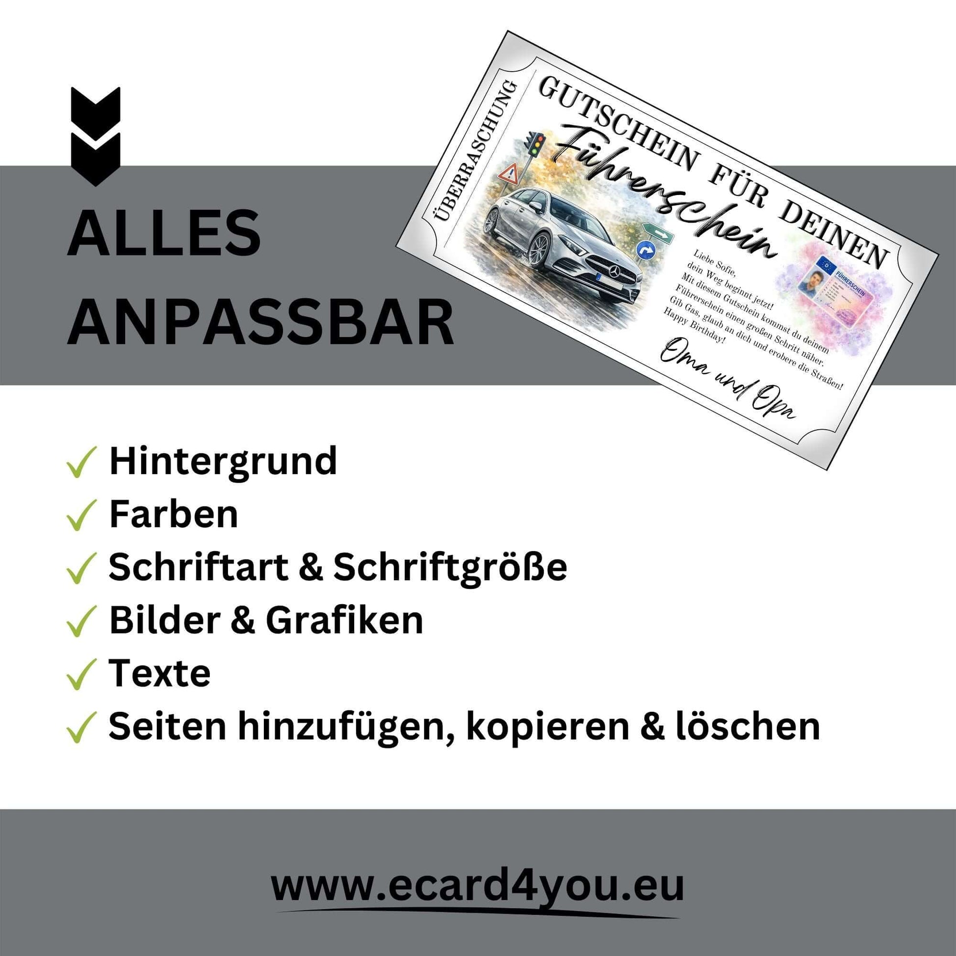 Führerschein Gutschein elegant stilvoll gestaltet für Familie und Freunde