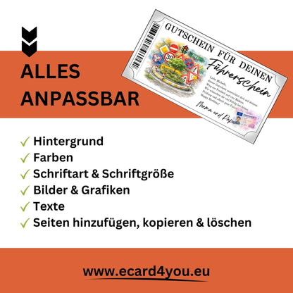 Führerschein Gutschein Vorlage bunt gestaltet mit Absperrpfosten und ZIEL-Schild