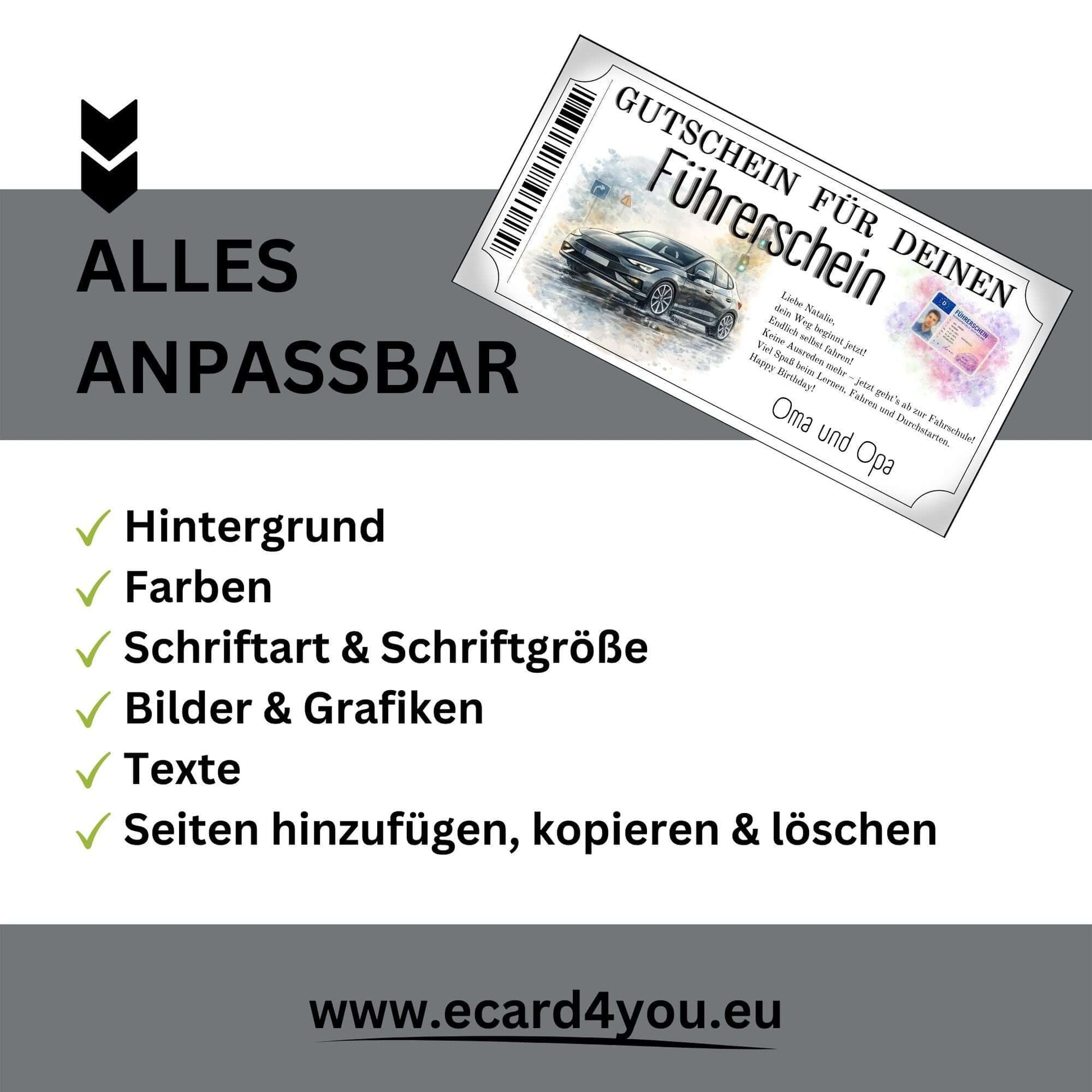 Führerschein Gutschein Durchstarten urban gestaltet für Familie und Freundeskreis
