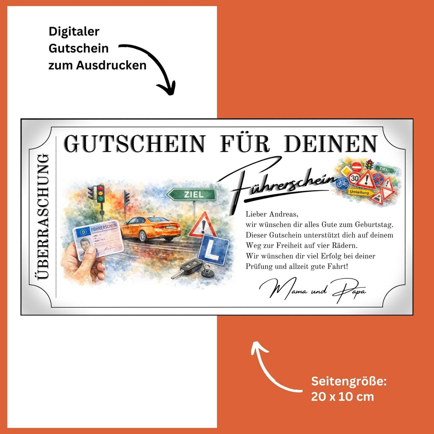 Geschenkgutschein PKW Führerschein Gutschein mit Straßenschildern Geburtstag Weihnachten