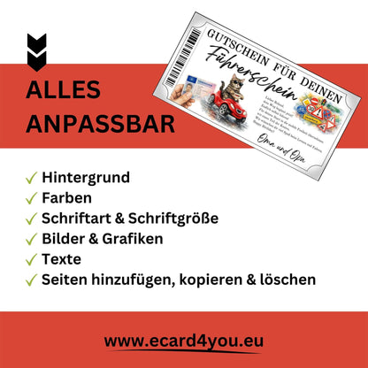 Führerschein Gutschein Katze humorvoll gestaltet für Familie und Freundeskreis