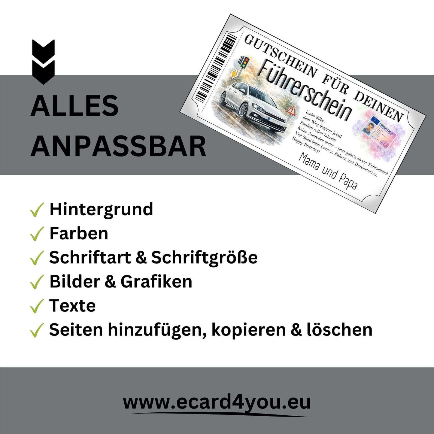 Führerschein Gutschein modern alltagsnah gestaltet für Familie und Freunde