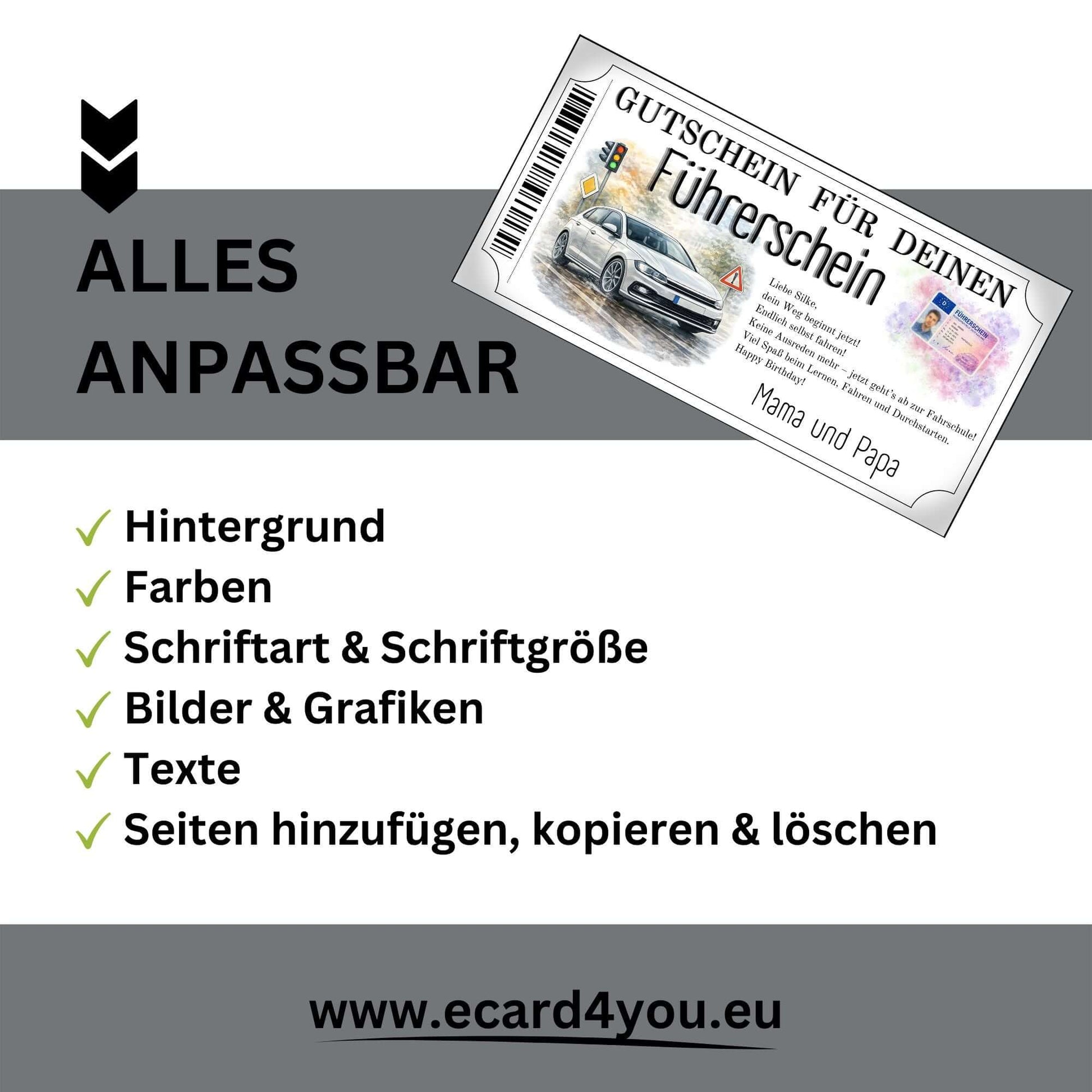 Führerschein Gutschein modern alltagsnah gestaltet für Familie und Freunde
