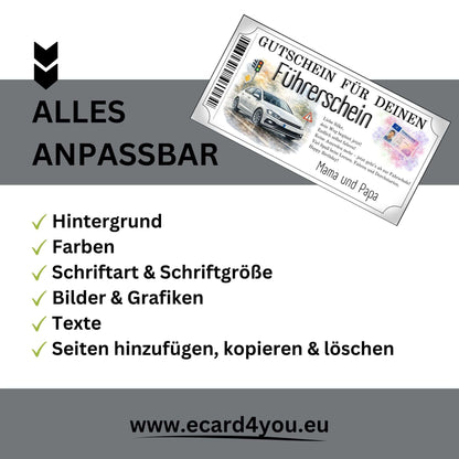 Führerschein Gutschein modern alltagsnah gestaltet für Familie und Freunde