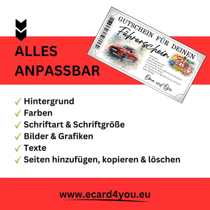 Führerschein Gutschein rotes Auto sportlich gestaltet für Familie und Freundeskreis