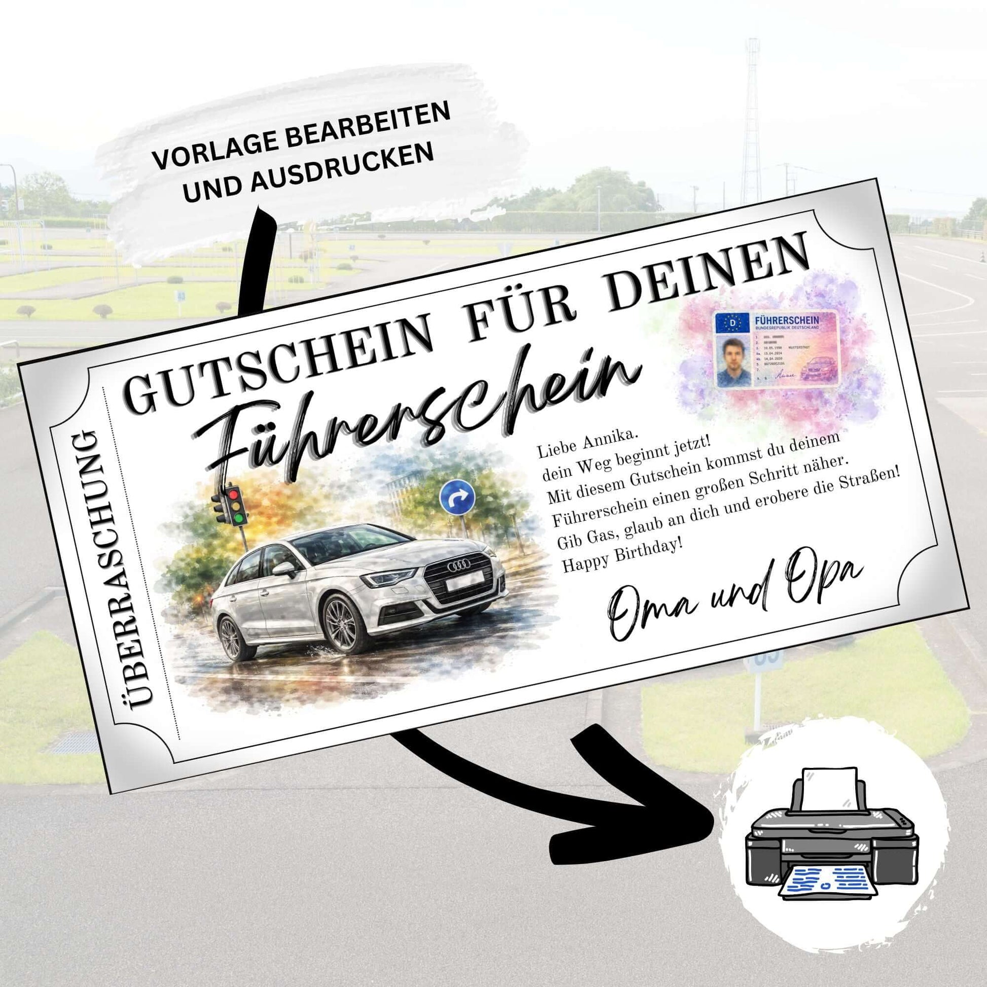 Führerschein Gutschein Auto-Motiv als Geburtstagsgeschenk von Oma und Opa gestalten
