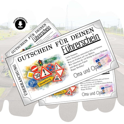 Führerschein Geschenkgutschein mit bunten Verkehrsschildern im Aquarell-Design zum Ausdrucken