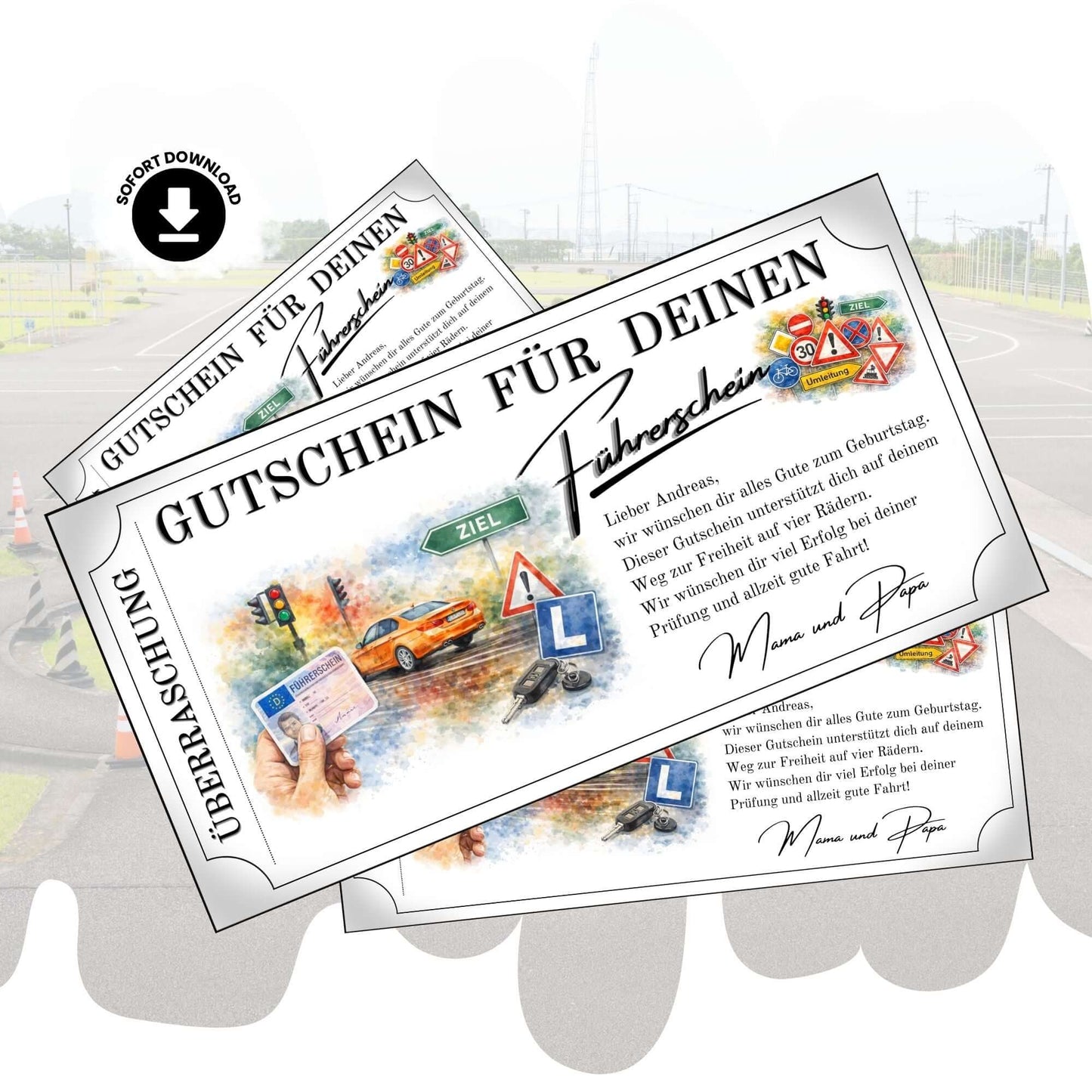 Führerschein Gutschein im Aquarell-Design mit Verkehrsschildern und Ampel zum Ausdrucken