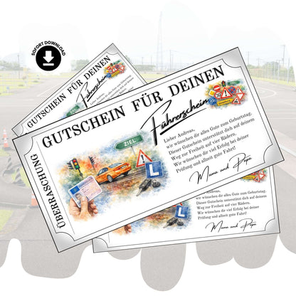 Führerschein Gutschein im Aquarell-Design mit Verkehrsschildern und Ampel zum Ausdrucken
