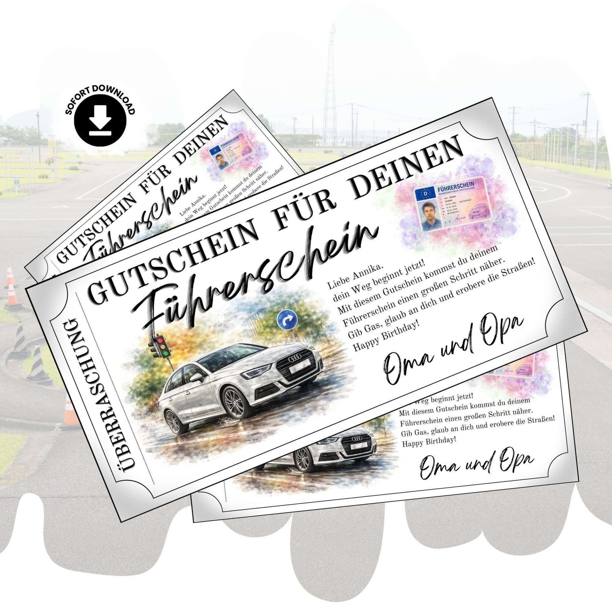 Führerschein Gutschein Auto-Motiv mit weißer Limousine im Aquarell-Design zum Ausdrucken