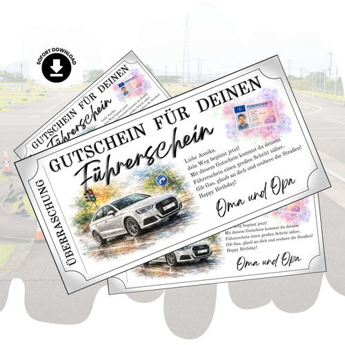 Führerschein Gutschein Auto-Motiv mit weißer Limousine im Aquarell-Design zum Ausdrucken