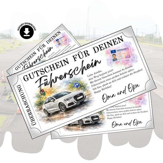 Führerschein Gutschein Auto-Motiv mit weißer Limousine im Aquarell-Design zum Ausdrucken