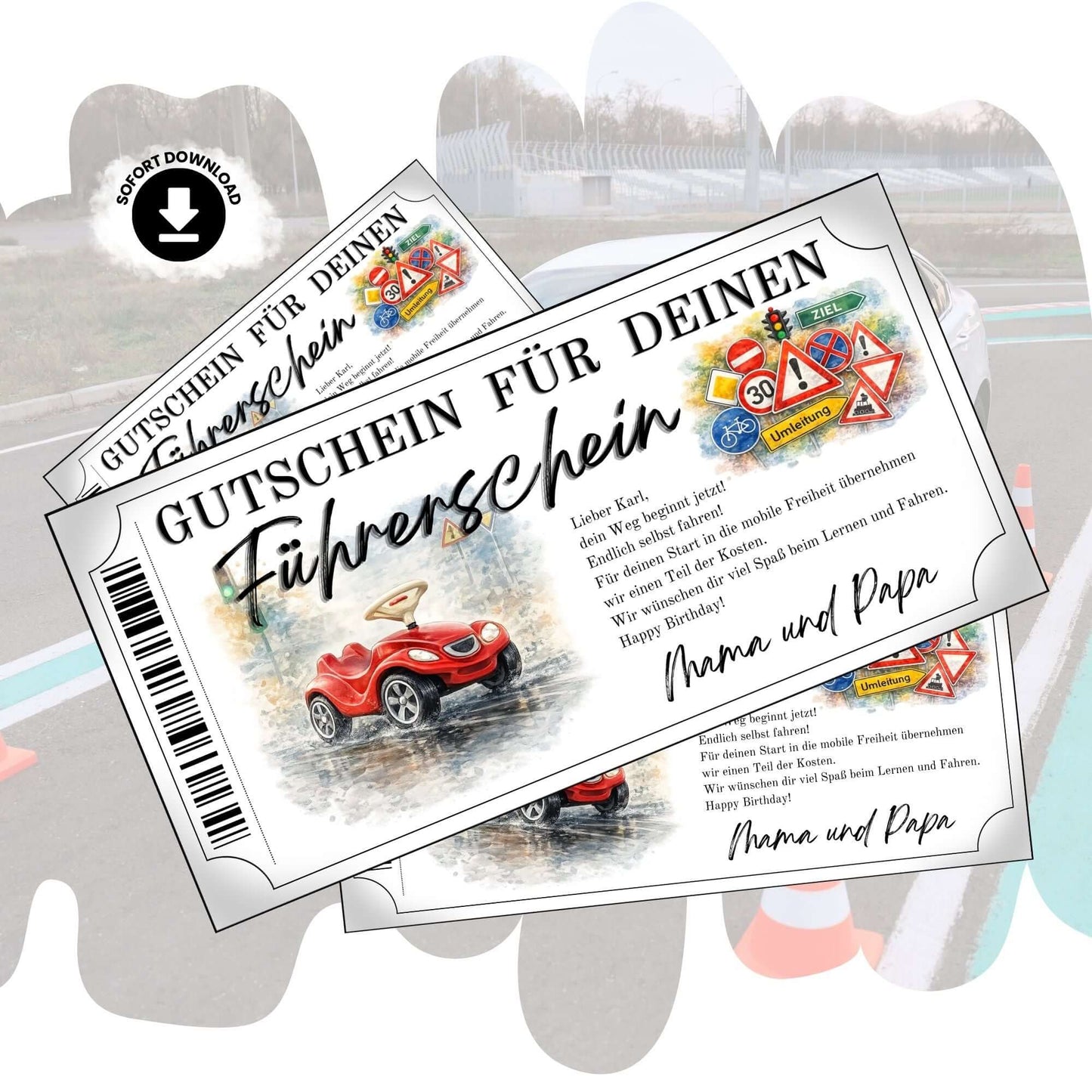 Führerschein Gutschein Bobby-Car mit rotem Rutschauto im witzigen Aquarell-Design zum Ausdrucken