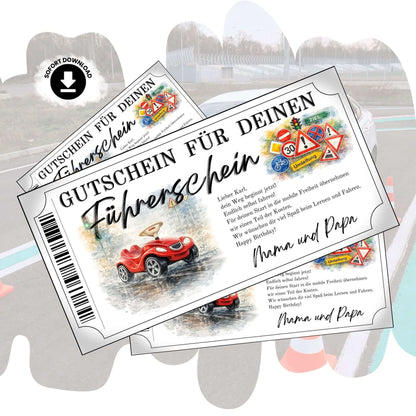 Führerschein Gutschein Bobby-Car mit rotem Rutschauto im witzigen Aquarell-Design zum Ausdrucken