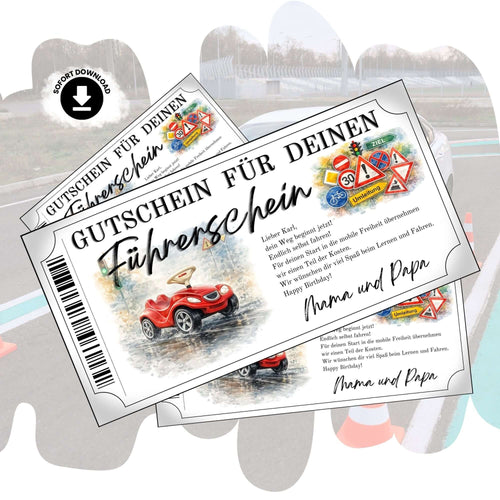 Führerschein Gutschein Bobby-Car mit rotem Rutschauto im witzigen Aquarell-Design zum Ausdrucken