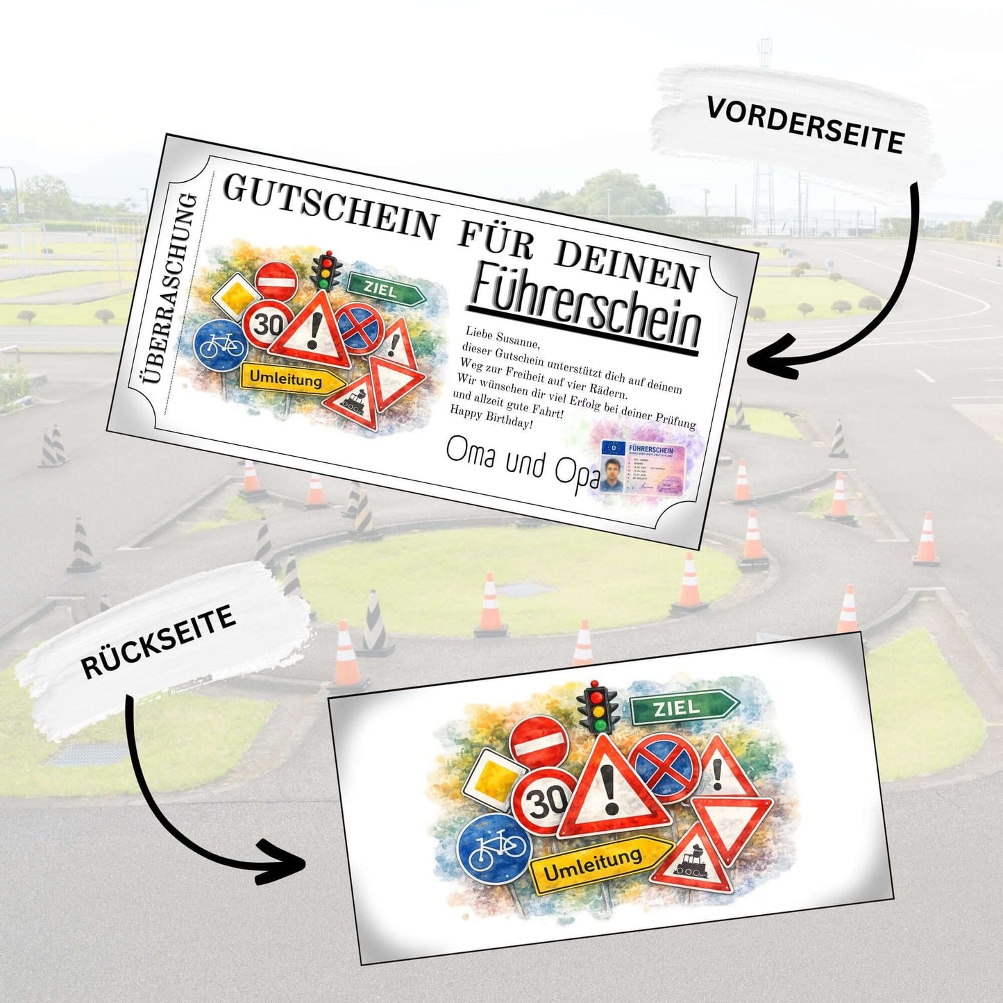 Personalisierbare Führerschein Gutscheinvorlage Verkehrszeichen-Motiv für Geburtstag