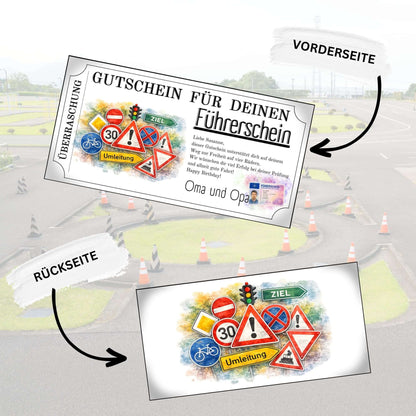 Personalisierbare Führerschein Gutscheinvorlage Verkehrszeichen-Motiv für Geburtstag