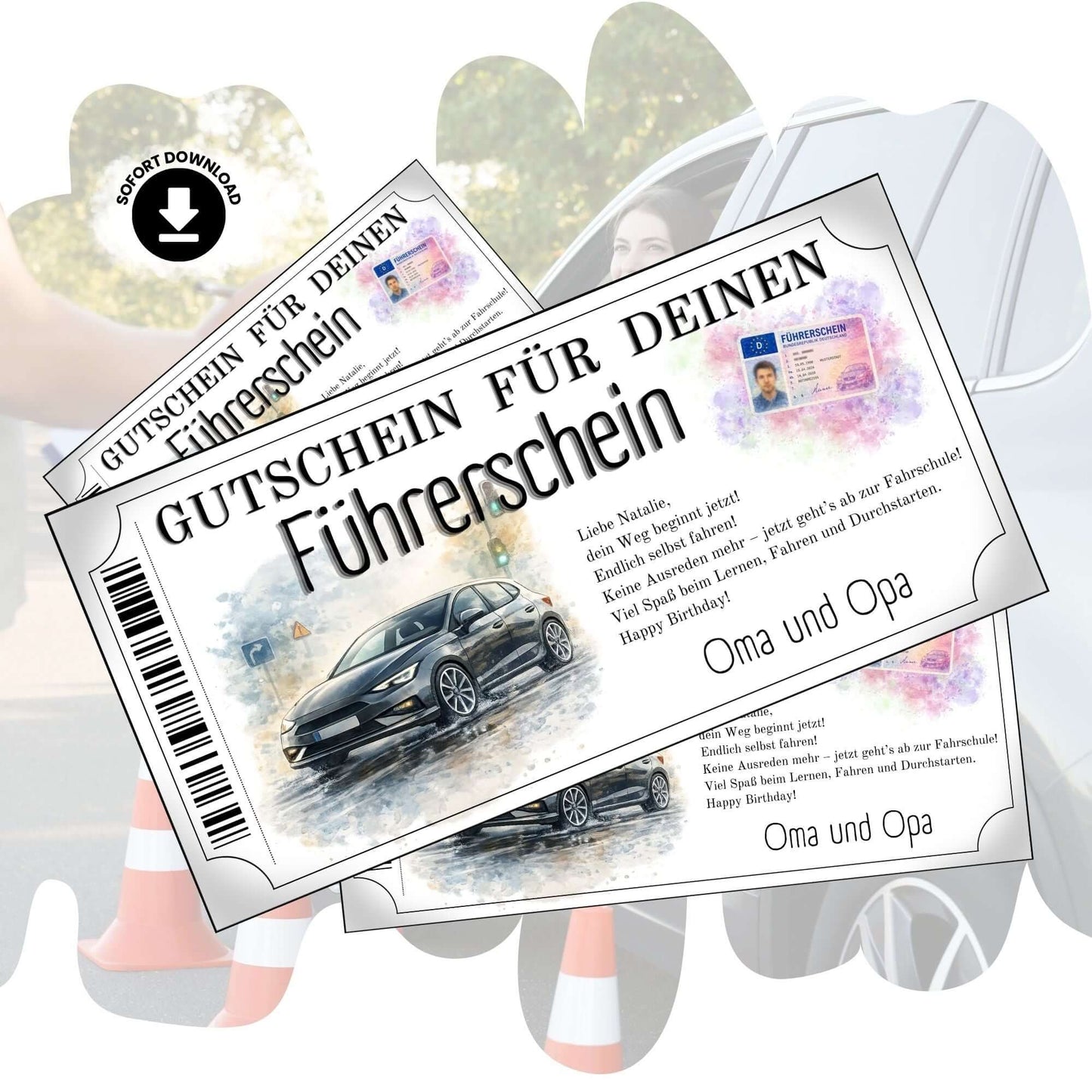 Führerschein Gutschein Durchstarten mit anthrazitfarbenem Stadtauto im Aquarell-Design zum Ausdrucken