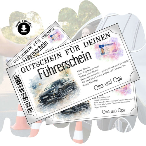 Führerschein Gutschein Durchstarten mit anthrazitfarbenem Stadtauto im Aquarell-Design zum Ausdrucken