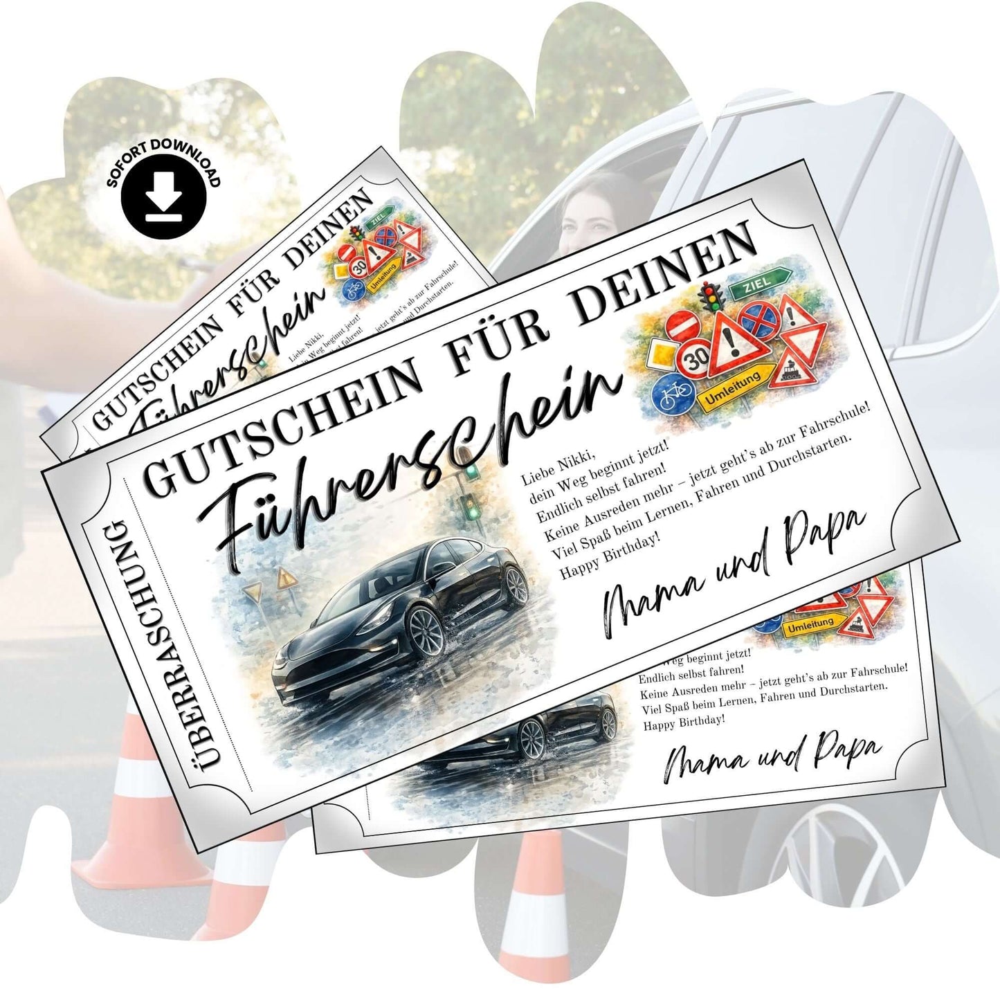 Führerschein Gutschein E-Auto mit schwarzem Elektroauto im Aquarell-Design zum Ausdrucken