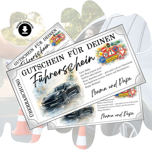 Führerschein Gutschein E-Auto mit schwarzem Elektroauto im Aquarell-Design zum Ausdrucken
