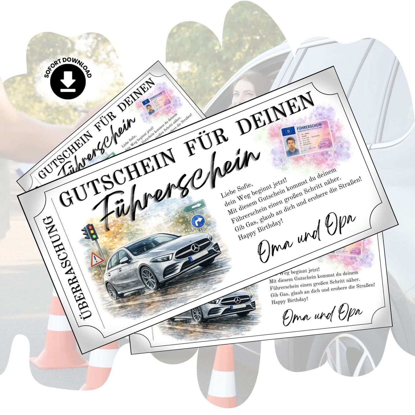 Führerschein Gutschein elegant mit silberner Limousine im Aquarell-Design zum Ausdrucken