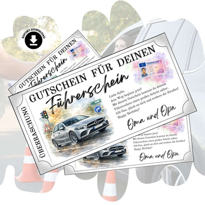 Führerschein Gutschein elegant mit silberner Limousine im Aquarell-Design zum Ausdrucken
