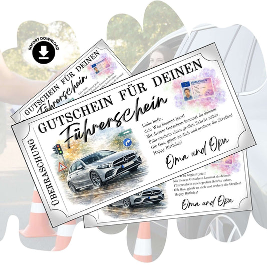 Führerschein Gutschein elegant mit silberner Limousine im Aquarell-Design zum Ausdrucken