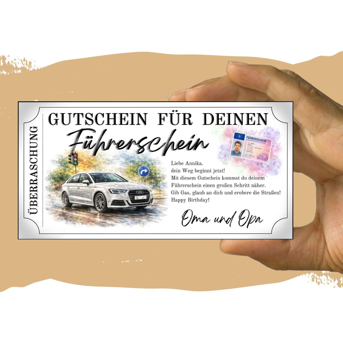 Führerschein Gutschein Auto-Motiv mit Kreisverkehrsschild und regennasser Straße
