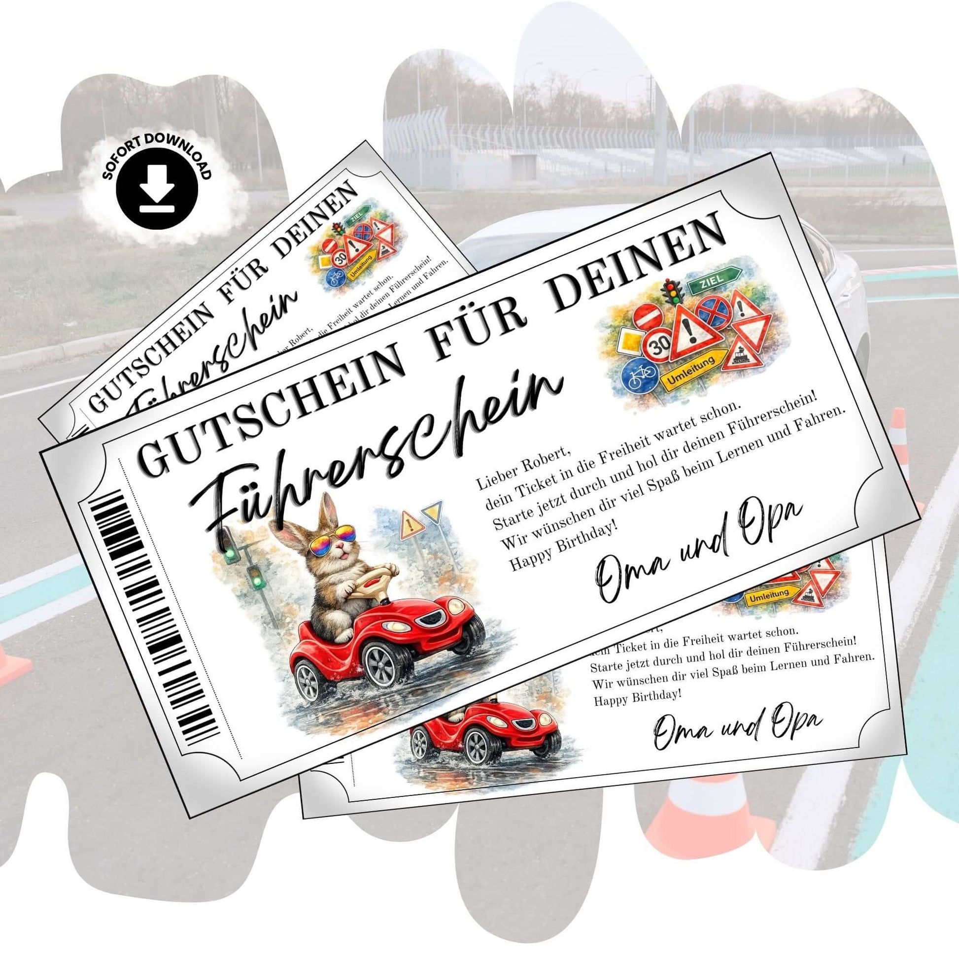 Führerschein Gutschein Hase mit Regenbogen-Sonnenbrille auf rotem Bobby-Car im Aquarell-Design